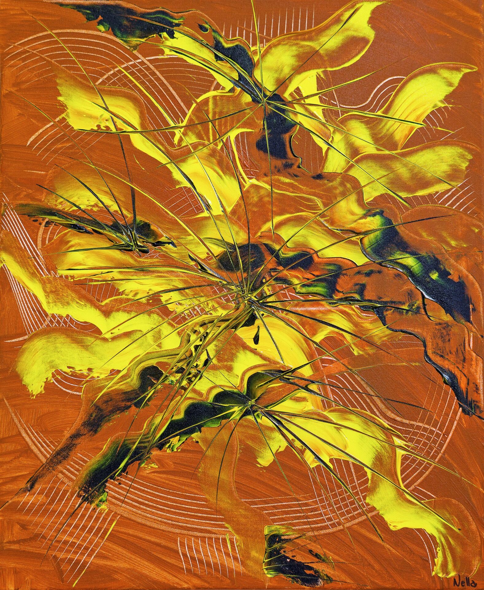 Folgore Marinella Vignati - tela con un giallo vibrante ed intenso su uno sfondo arancione bruciato