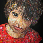 Bambina - Tecnica mista su tela, collage di carta su sfondo vernice